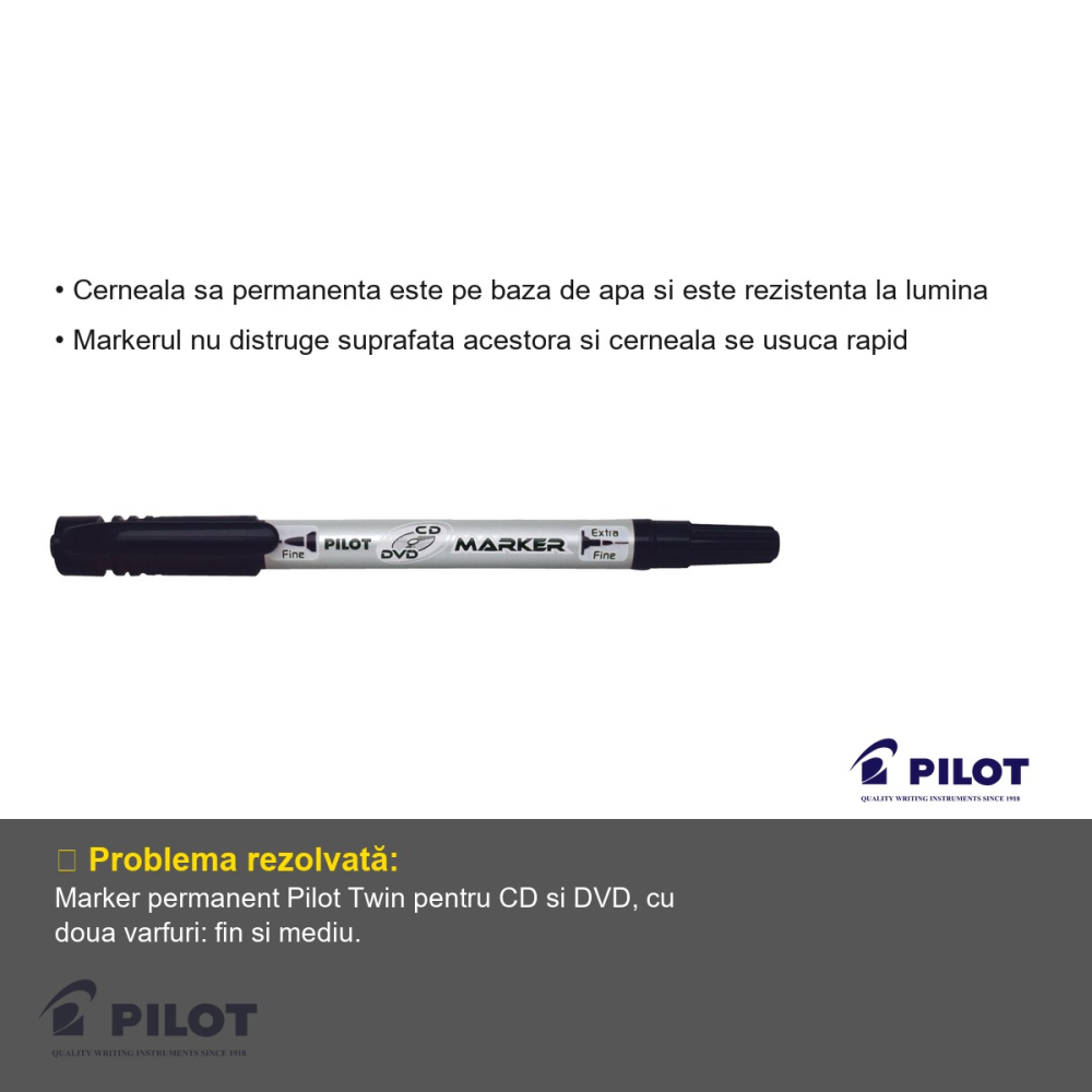 Marker permanent Pilot Twin CD/DVD, 2 capete (fin si mediu), cerneala pe baza de apa, din plastic reciclat [3]