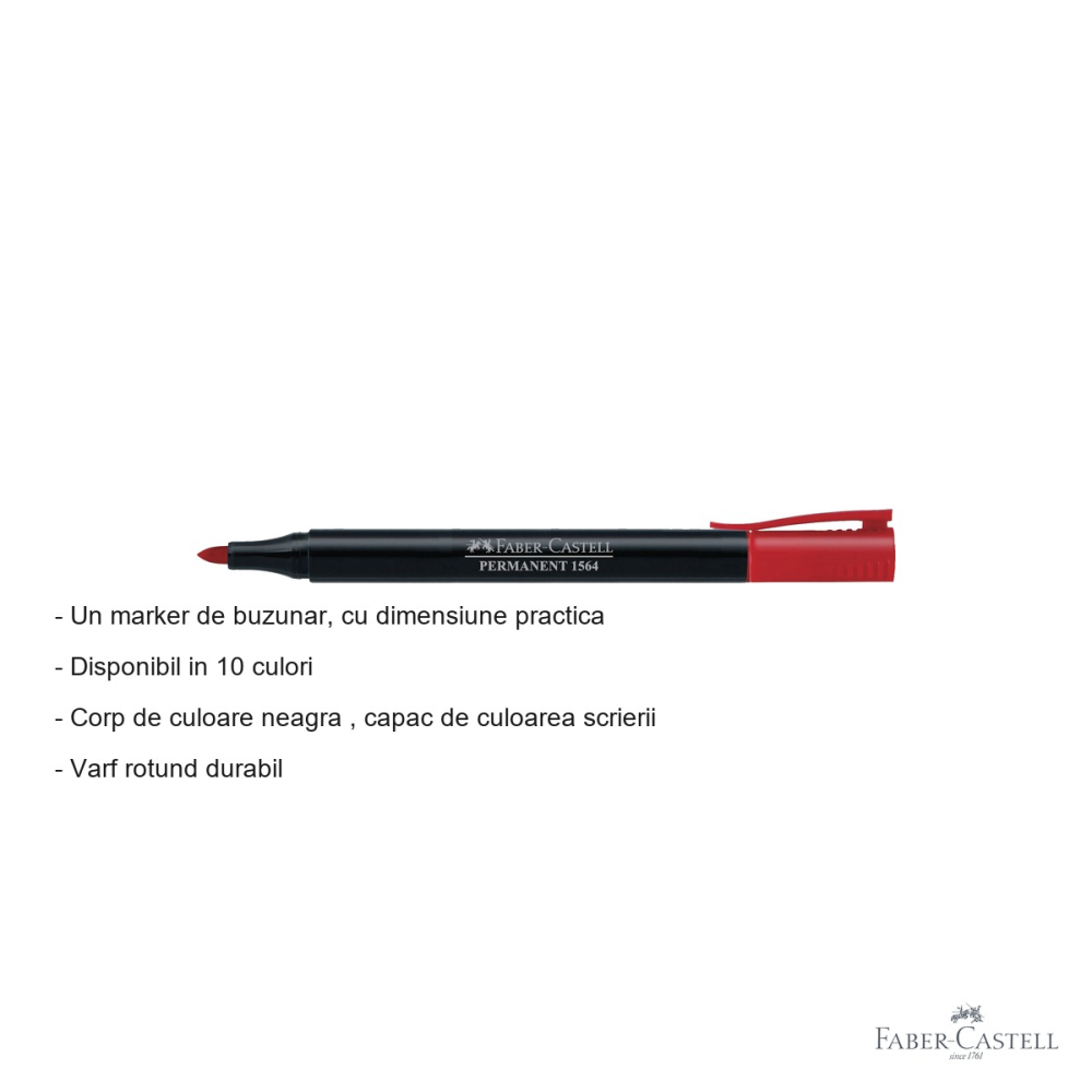 Marker permanent rosu Faber-Castell Slim 1564, varf rotund durabil, pentru metal, sticla si plastic [2]