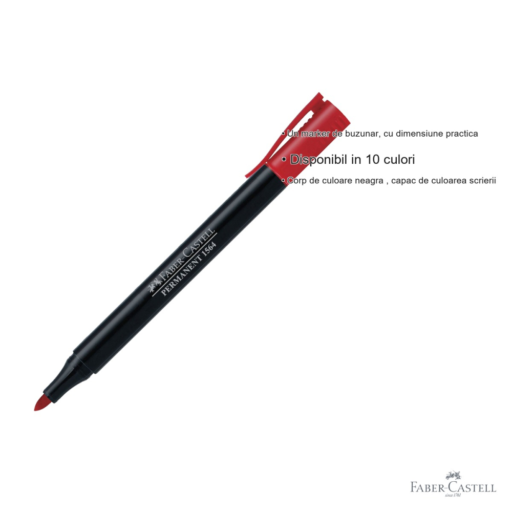 Marker permanent rosu Faber-Castell Slim 1564, varf rotund durabil, pentru metal, sticla si plastic [3]
