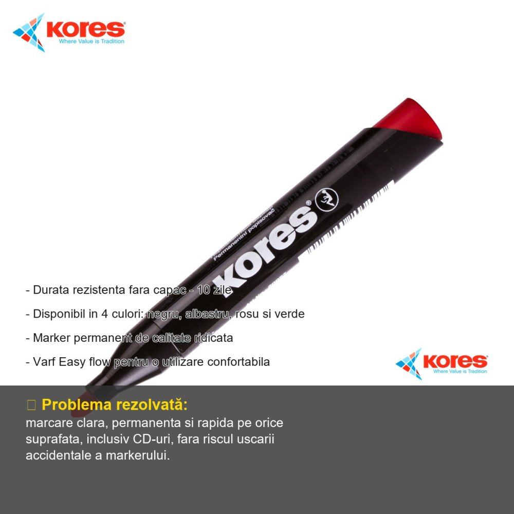 Marker permanent rosu Kores, varf rotund 3mm, scriere pe orice suprafata inclusiv CD-uri [2]