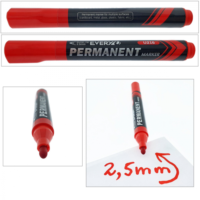 Marker rosu permanent cu varf rotund 2.5mm, rezistent la apa, scriere lina, model Everyday U216, lungime 145 mm, cu capac [4]