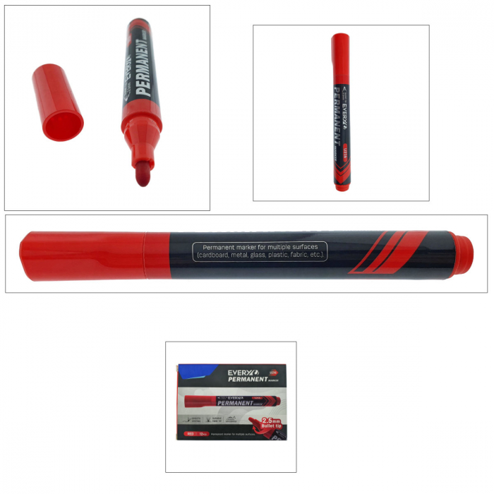 Marker rosu permanent cu varf rotund 2.5mm, rezistent la apa, scriere lina, model Everyday U216, lungime 145 mm, cu capac [5]