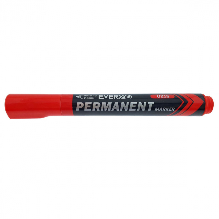 Marker rosu permanent cu varf rotund 2.5mm, rezistent la apa, scriere lina, model Everyday U216, lungime 145 mm, cu capac [3]