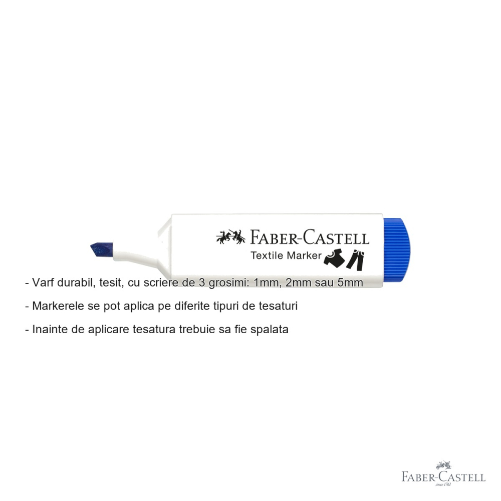 Marker textil albastru Faber-Castell, varf tesit 3 grosimi, pentru personalizare textile [2]
