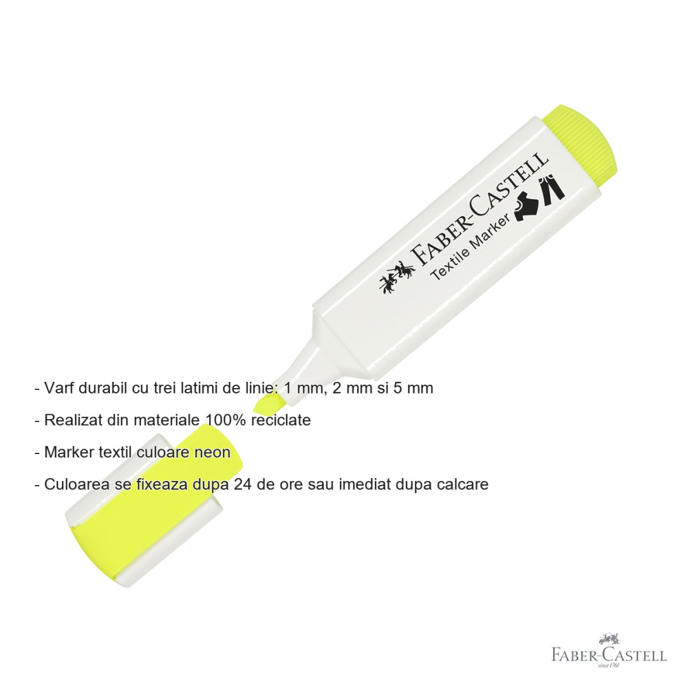 Marker textil Faber-Castell, culoare galben neon, varf durabil cu trei latimi, pentru tesaturi [2]