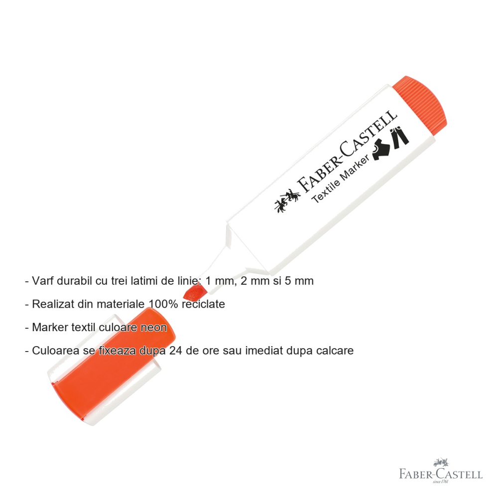 Marker textil Faber-Castell, culoare neon portocaliu, varf triplu 1/2/5 mm, pentru tesaturi [2]