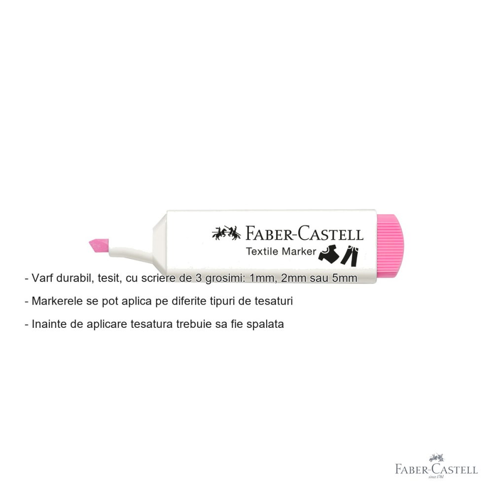 Marker textil roz Faber-Castell, varf tesit 3 grosimi, pentru decorat tesaturi [2]