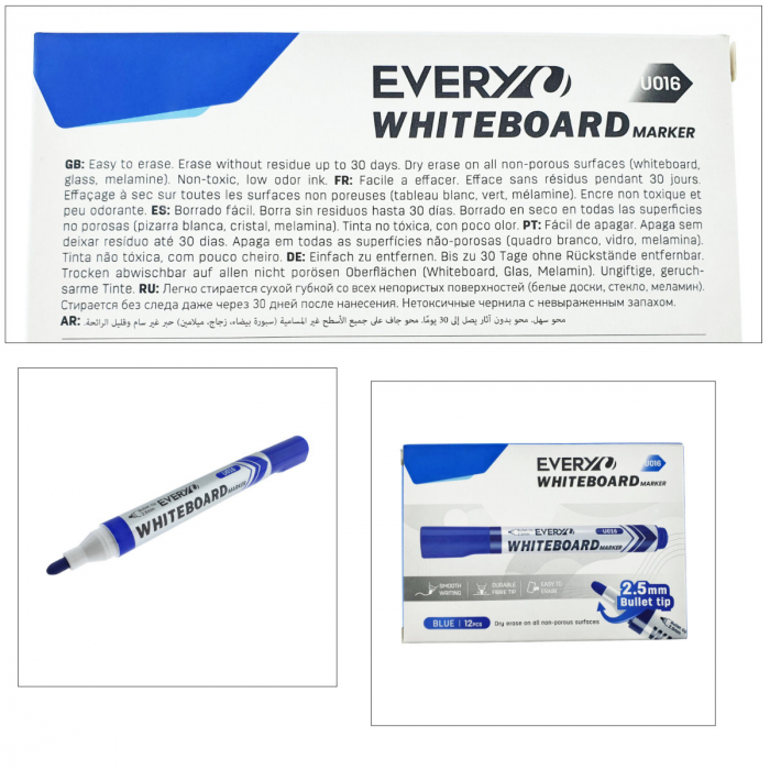 Marker whiteboard albastru, varf rotund 2.5 mm, scriere lina, model Everyday 016, lungime 144 mm, stergere uscata, pentru tabla de scris, melaminat, sticla si alte suprafete neporoase [4]