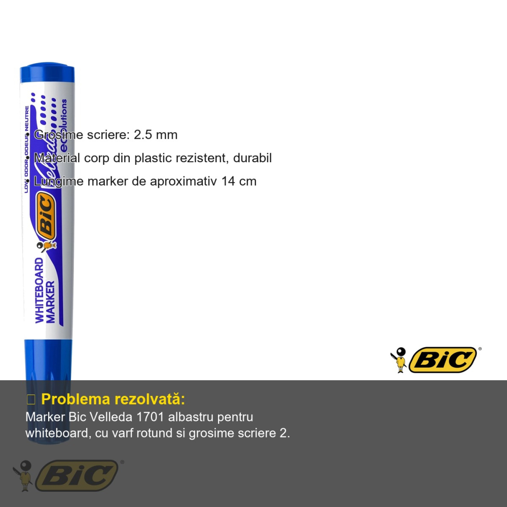 Marker whiteboard Bic Velleda 1701, varf rotund albastru 2.5 mm, cerneala pe baza de alcool, pentru tabla alba [3]