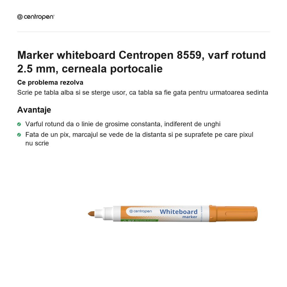 Marker whiteboard Centropen 8559, varf rotund 2.5 mm, cerneala portocalie [2]