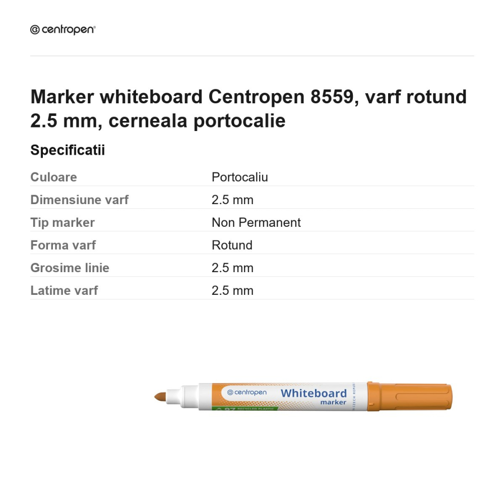 Marker whiteboard Centropen 8559, varf rotund 2.5 mm, cerneala portocalie [3]