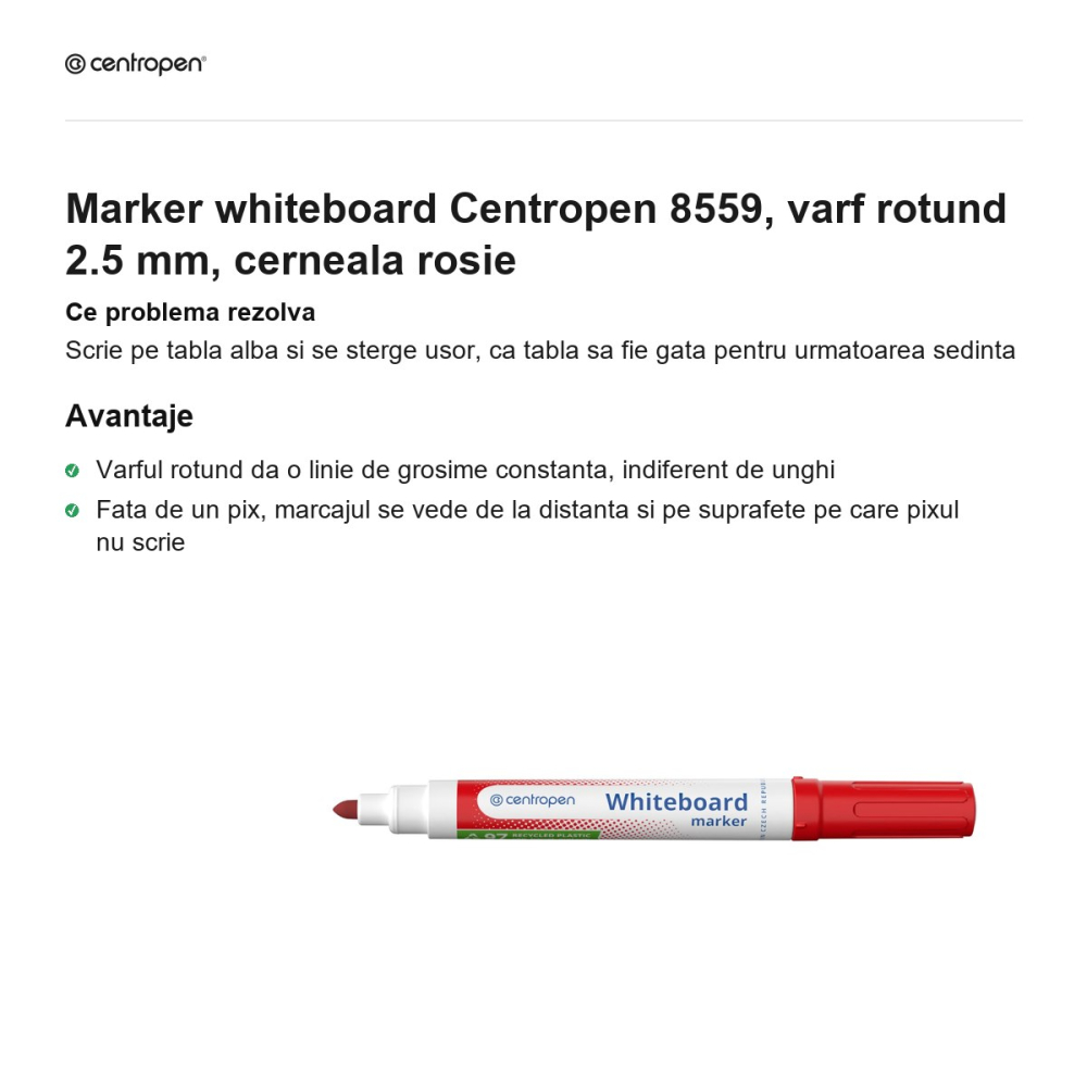 Marker whiteboard Centropen 8559, varf rotund 2.5 mm, cerneala rosie [2]
