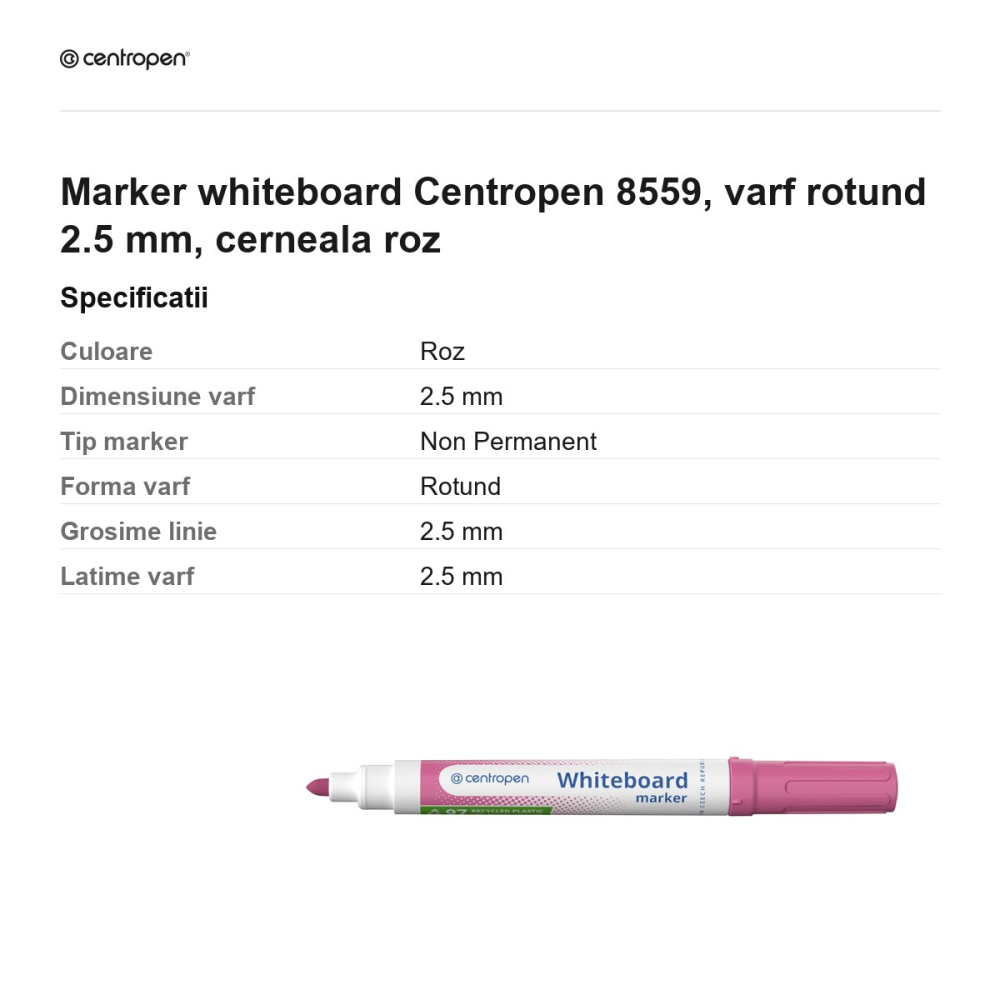 Marker whiteboard Centropen 8559, varf rotund 2.5 mm, cerneala roz [3]