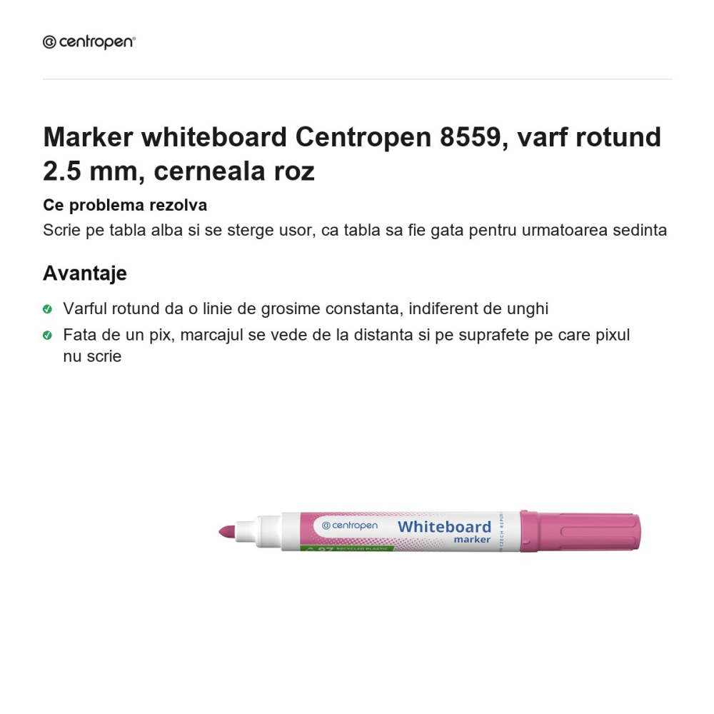 Marker whiteboard Centropen 8559, varf rotund 2.5 mm, cerneala roz [2]