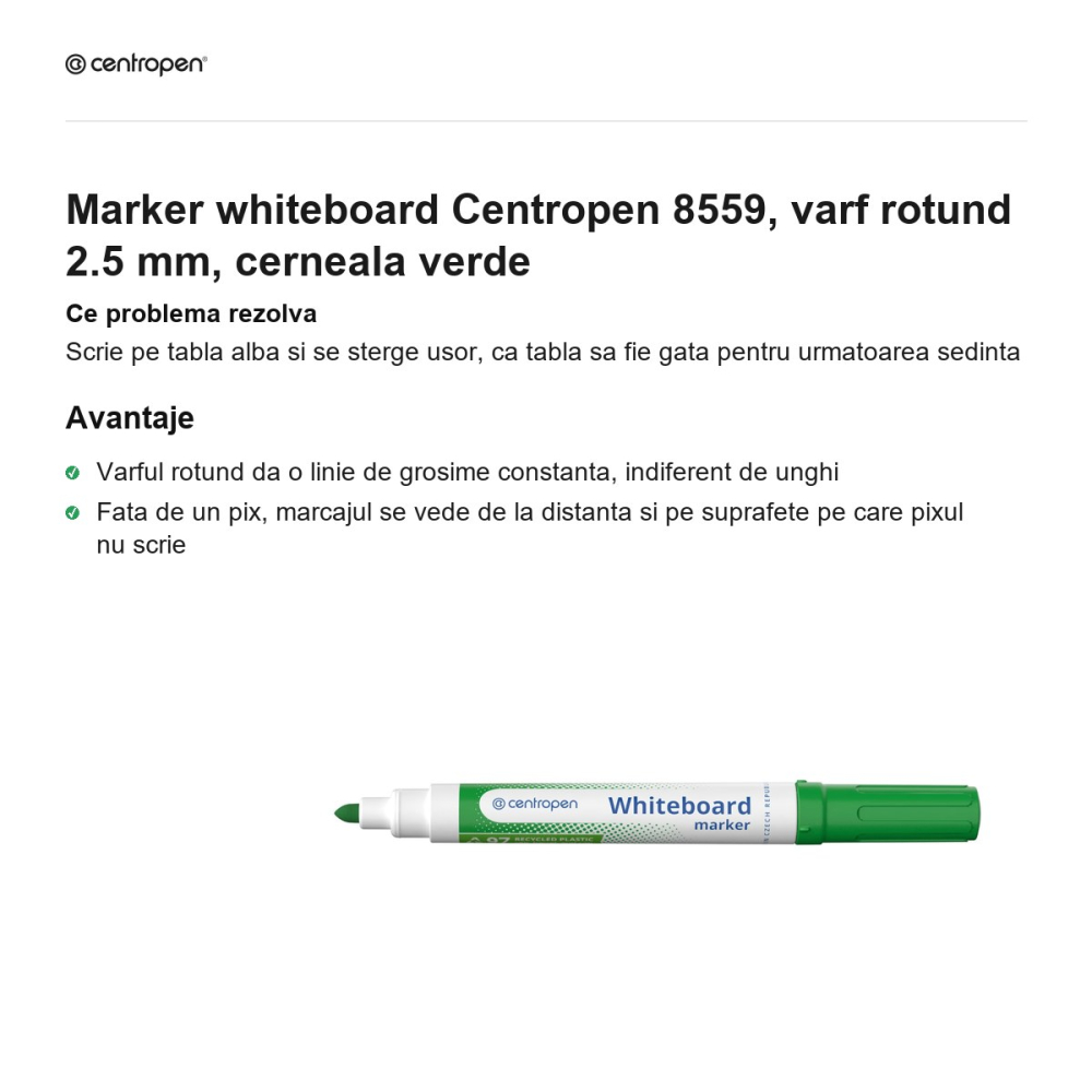Marker whiteboard Centropen 8559, varf rotund 2.5 mm, cerneala verde [2]