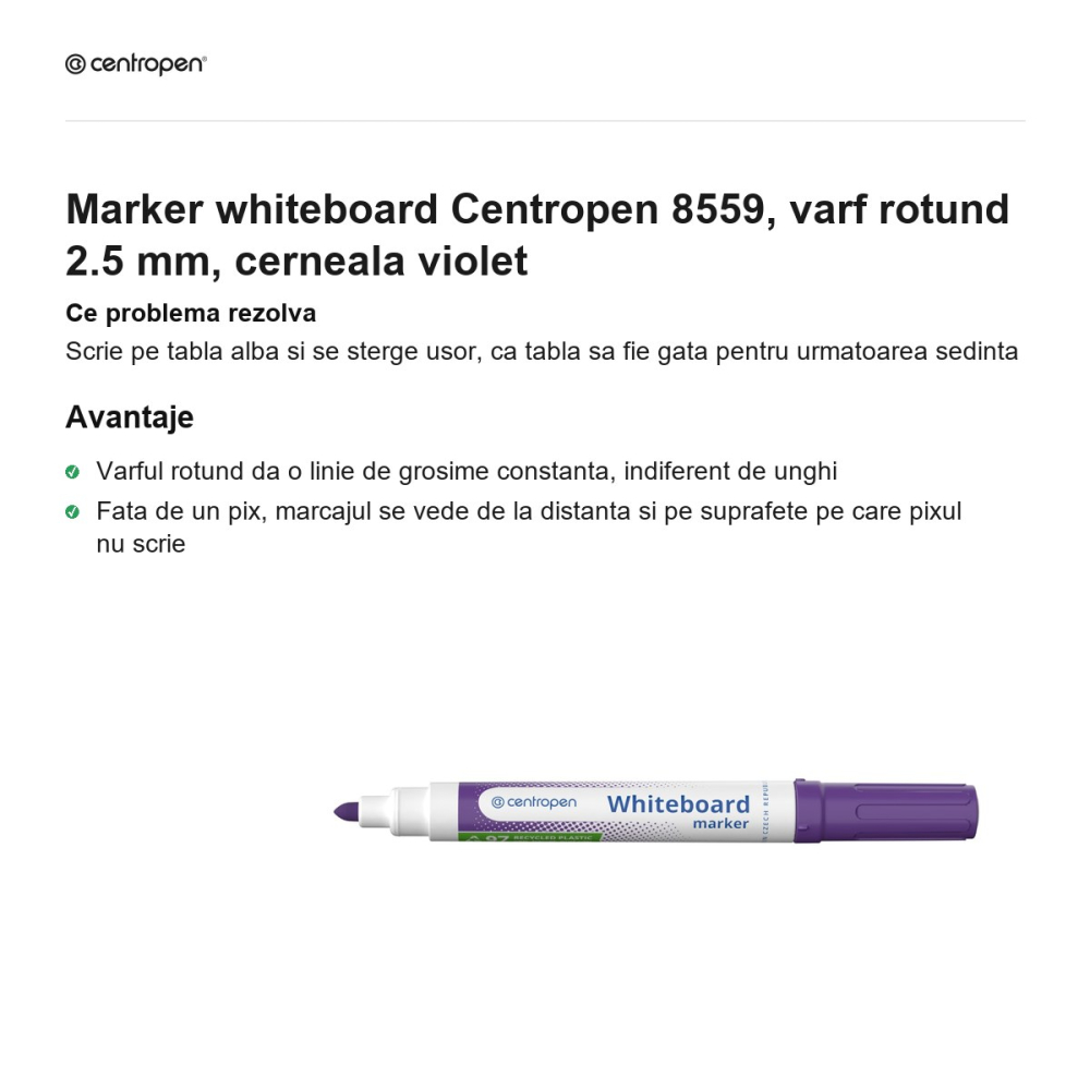 Marker whiteboard Centropen 8559, varf rotund 2.5 mm, cerneala violet [2]
