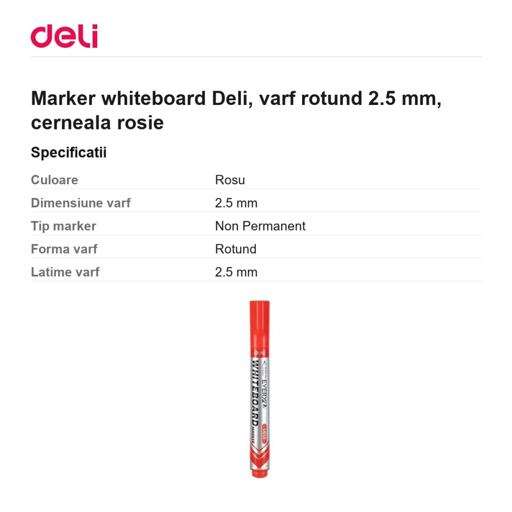 Marker whiteboard Deli, varf rotund 2.5 mm, cerneala rosie [3]