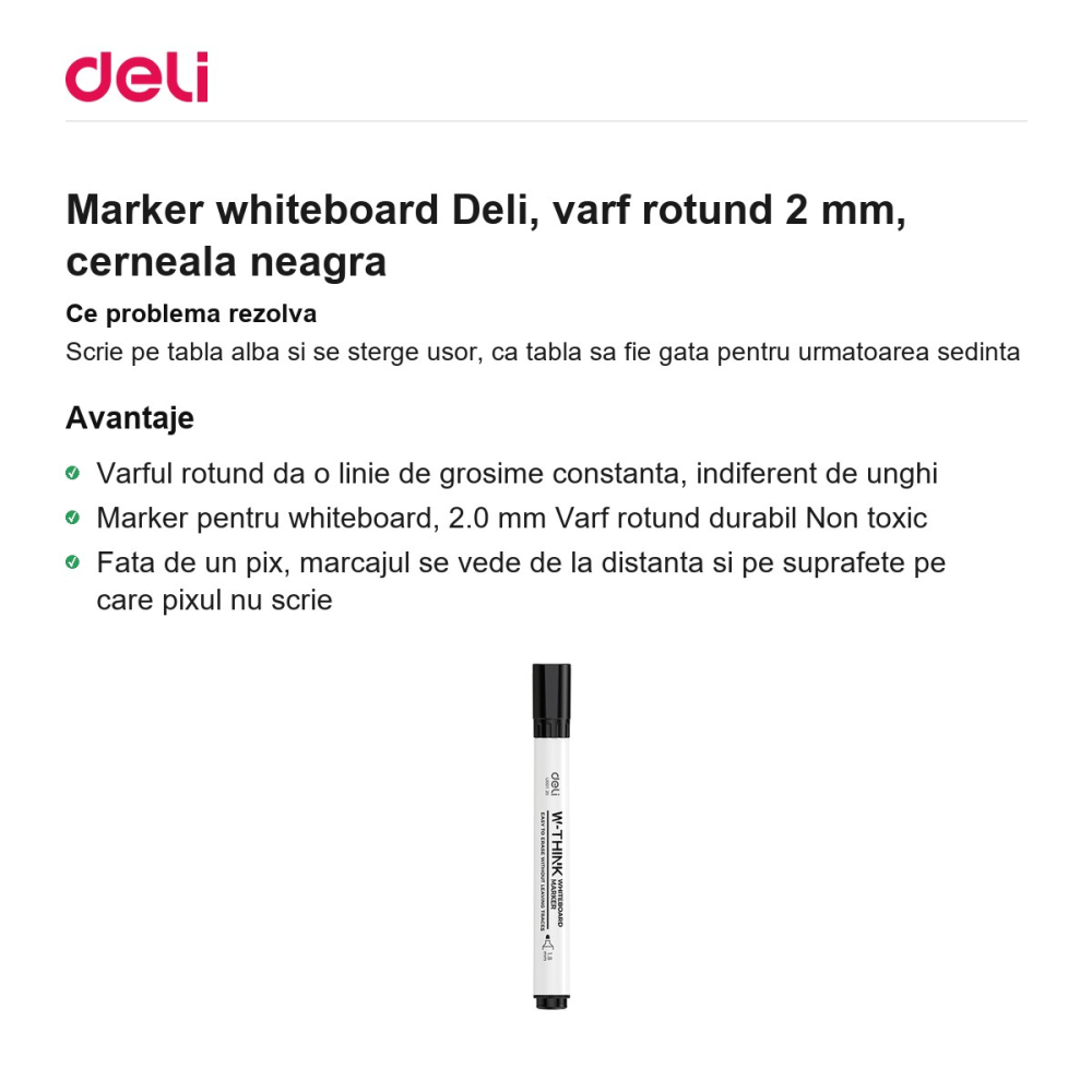 Marker whiteboard Deli, varf rotund 2 mm, cerneala neagra [2]