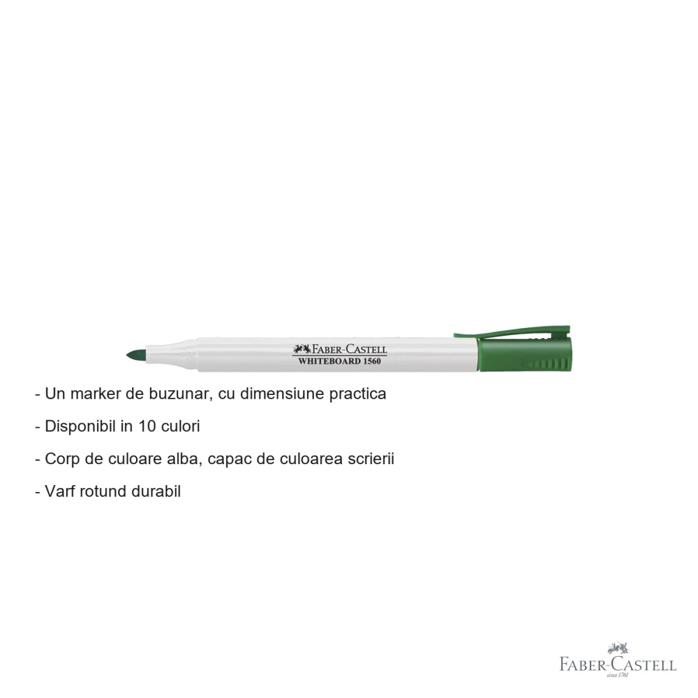 Marker whiteboard Faber-Castell Slim 1560, varf rotund, cerneala verde, corp subtire pentru birou [2]