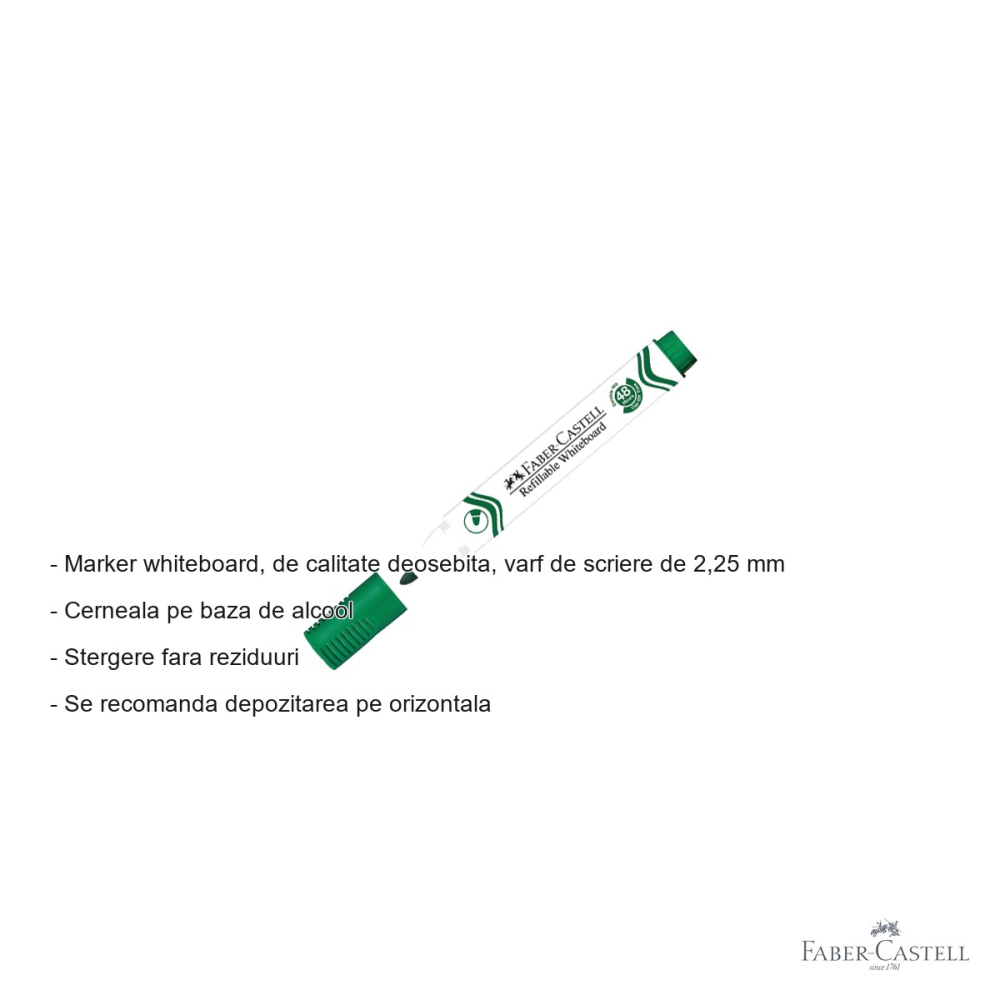 Marker whiteboard Faber-Castell W20, varf 2,25 mm, cerneala pe baza de alcool, culoare verde [2]
