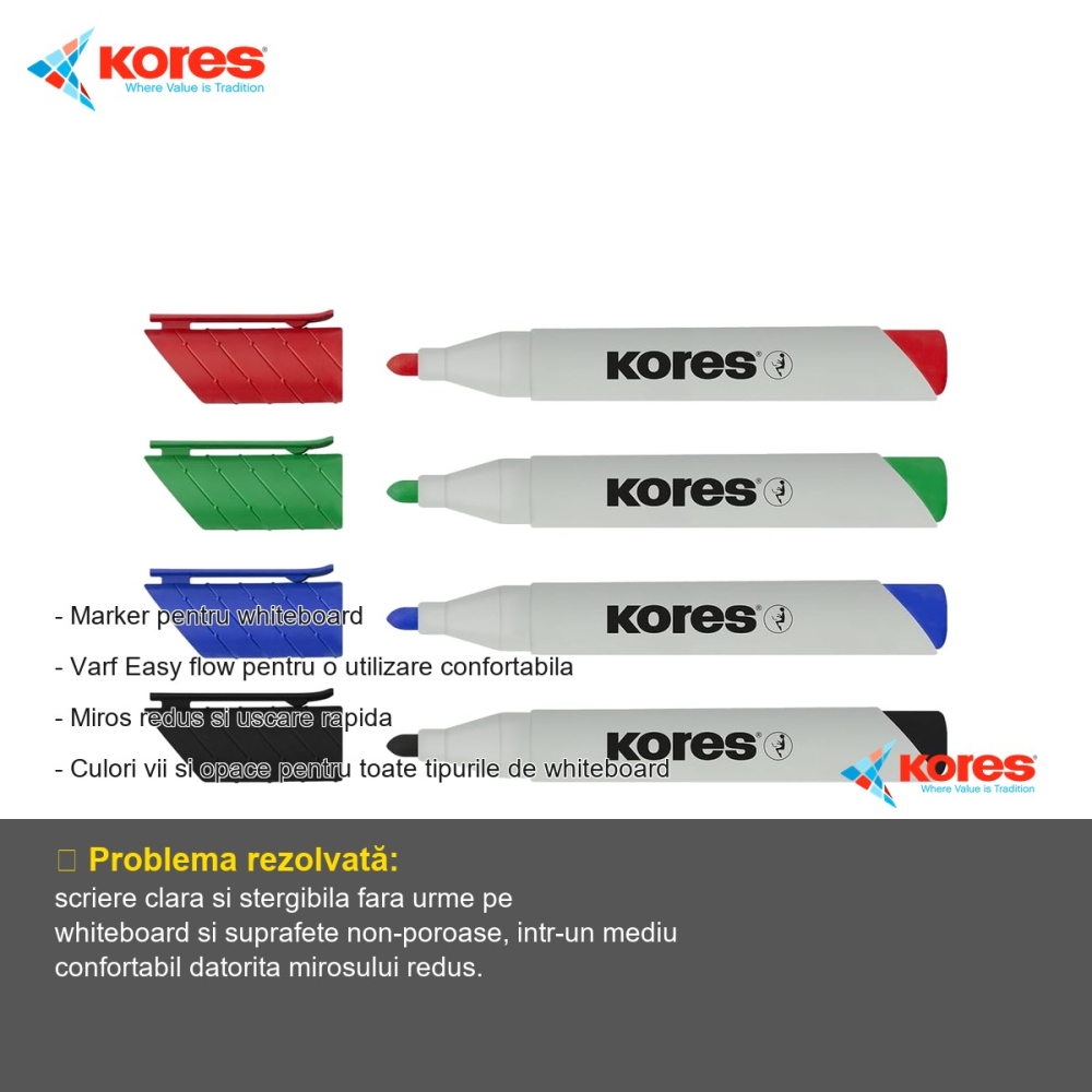 Marker whiteboard Kores Eco, varf 3mm, culoare albastra, scriere fluida pe table albe [2]