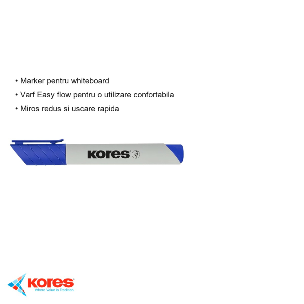 Marker whiteboard Kores Eco, varf 3mm, culoare albastra, scriere fluida pe table albe [3]