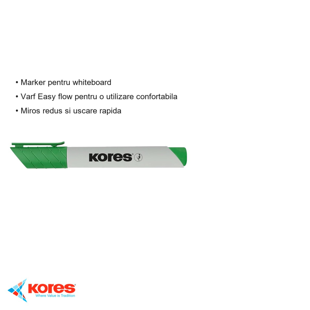 Marker whiteboard Kores Eco, varf 3mm, culoare verde, pentru toate tipurile de whiteboard [3]