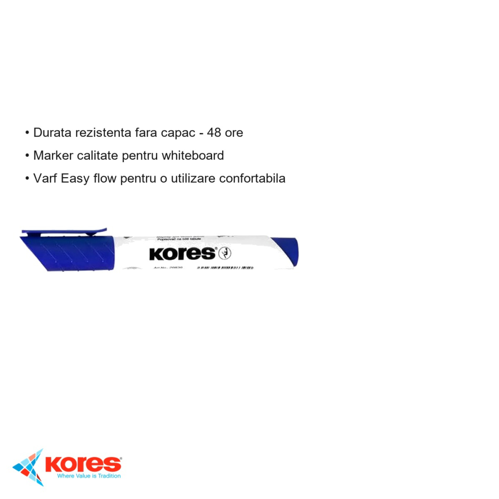 Marker whiteboard Kores, varf Easy Flow 3mm, culoare albastra, pentru whiteboard si flipchart [3]