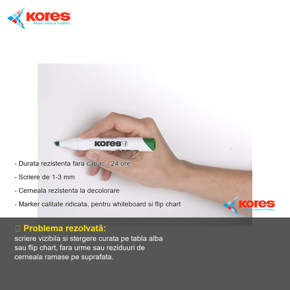 Marker whiteboard Kores, varf rotund 1-3 mm, cerneala portocalie, pentru tabla alba si flip chart [2]