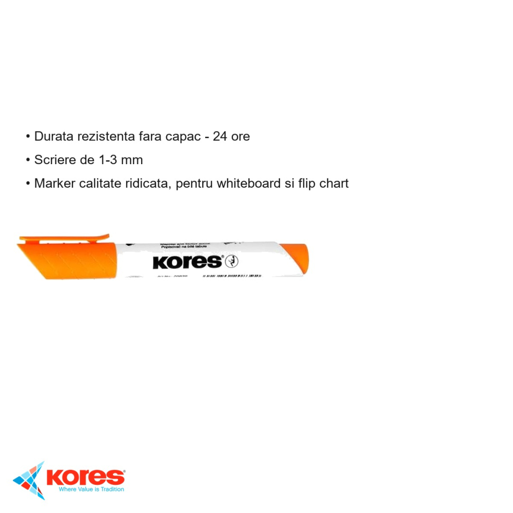 Marker whiteboard Kores, varf rotund 1-3 mm, cerneala portocalie, pentru tabla alba si flip chart [3]