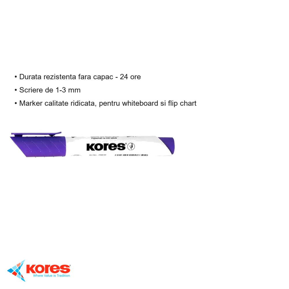 Marker whiteboard Kores, varf rotund 1-3 mm, cerneala violet, uscare rapida, pentru table albe si flip chart [3]