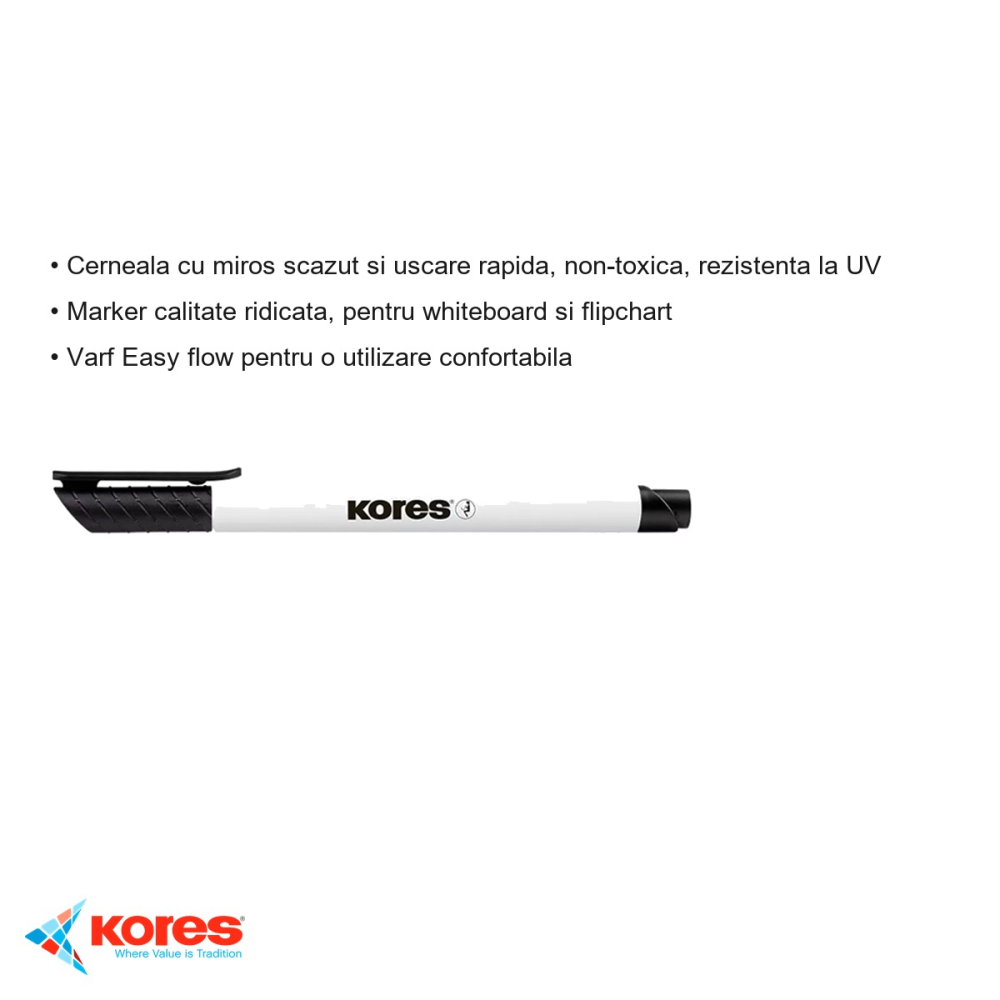 Marker whiteboard Kores, varf rotund 1mm, cerneala cu uscare rapida, pentru tabla alba si flipchart [3]