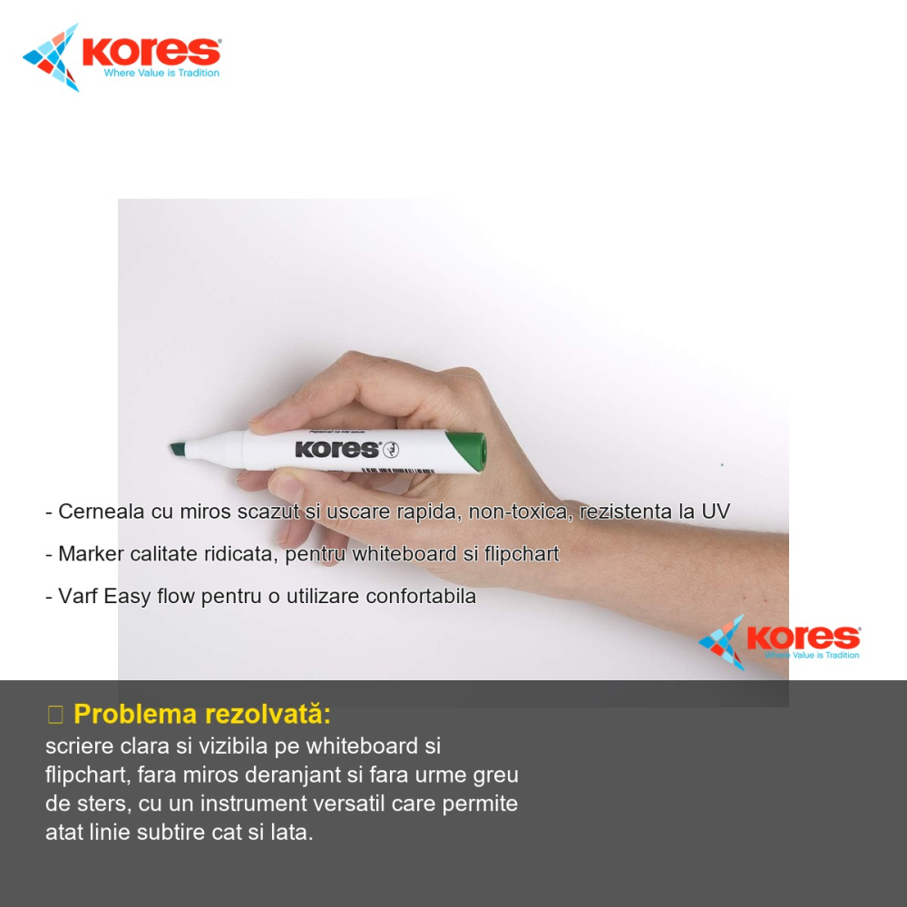 Marker whiteboard Kores, varf tesit, cerneala rosie cu uscare rapida, pentru whiteboard si flipchart [2]