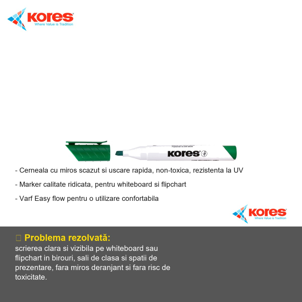 Marker whiteboard Kores, varf tesit, cerneala verde cu uscare rapida, pentru whiteboard si flipchart [2]