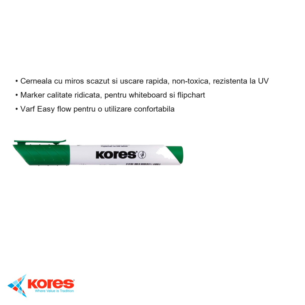 Marker whiteboard Kores, varf tesit, cerneala verde cu uscare rapida, pentru whiteboard si flipchart [3]