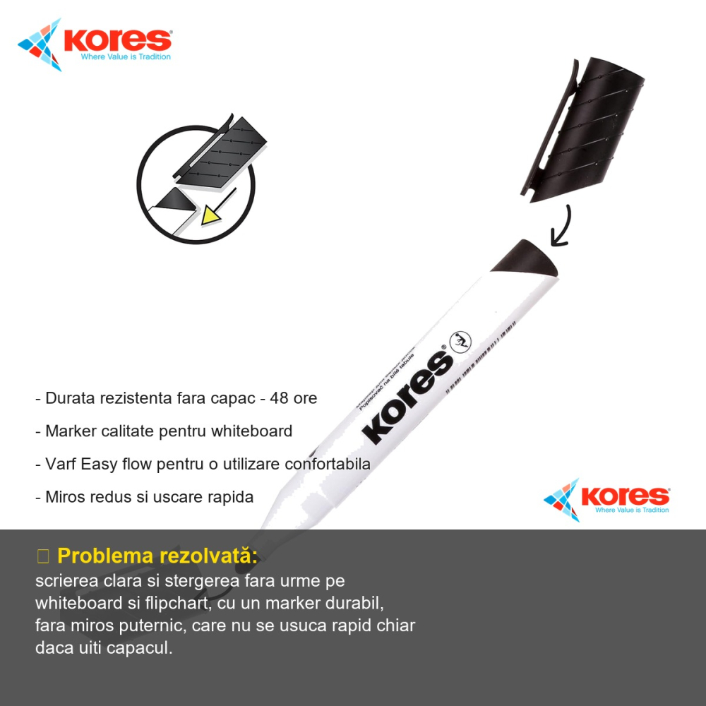 Marker whiteboard negru Kores, varf 3mm Easy Flow, pentru whiteboard si flipchart [2]