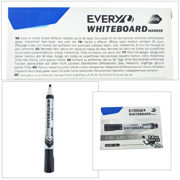 Marker whiteboard negru, varf rotund 2.5 mm, scriere lina, model Everyday 016, lungime 144 mm, stergere uscata, pentru tabla de scris, melaminat, sticla si alte suprafete neporoase [4]