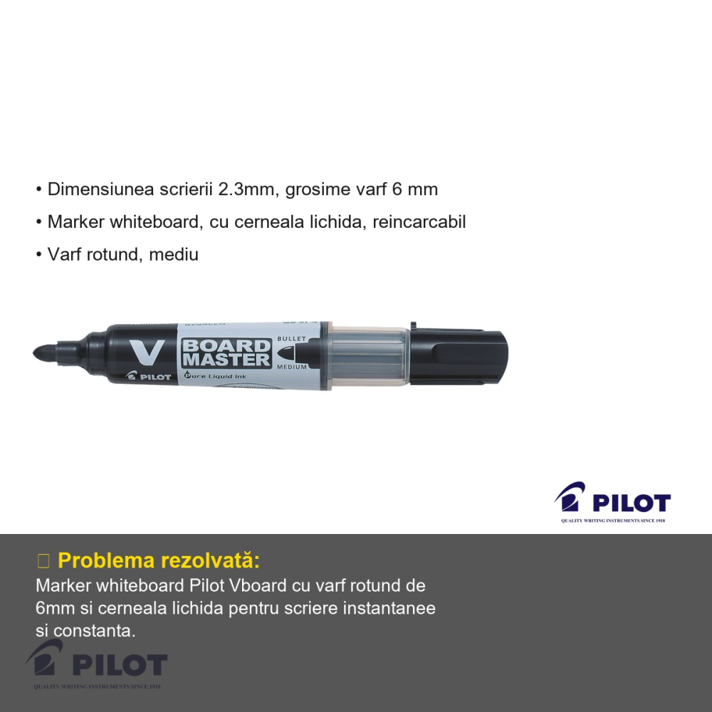 Marker whiteboard Pilot Vboard, varf rotund 6mm, cerneala lichida reincarcabila, din plastic reciclat [3]