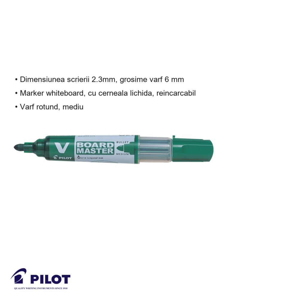 Marker whiteboard Pilot Vboard, varf rotund 6mm, cerneala verde, reincarcabil, din plastic reciclat [3]