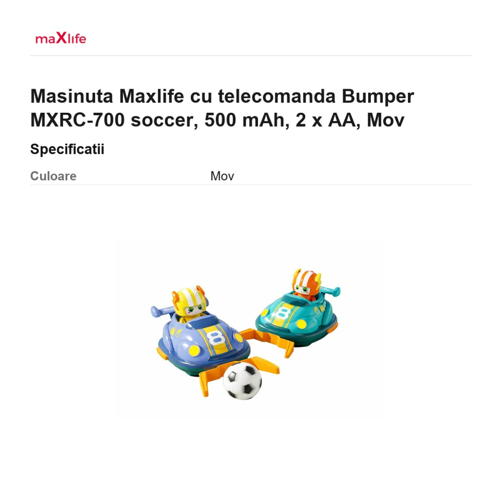 Masinuta Maxlife cu telecomanda Bumper MXRC-700 soccer, 500 mAh, 2 x AA, Mov [3]
