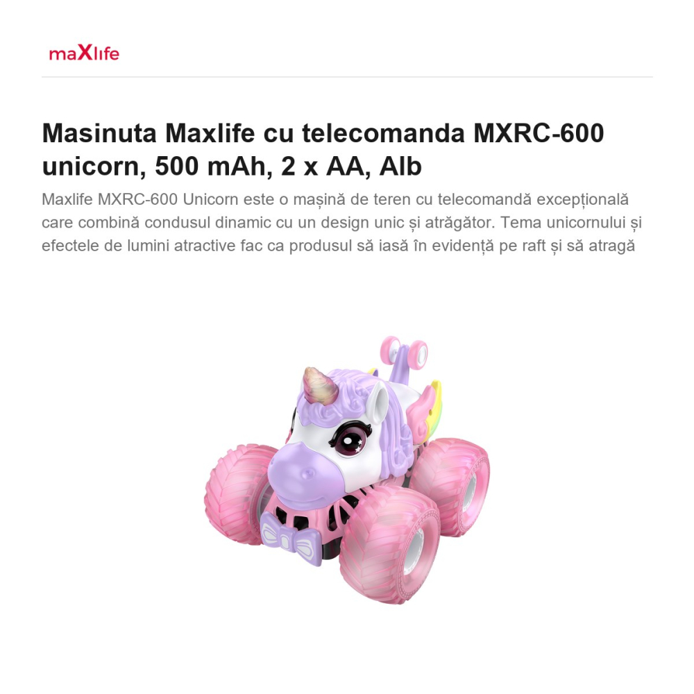 Masinuta Maxlife cu telecomanda MXRC-600 unicorn, 500 mAh, 2 x AA, Alb [2]