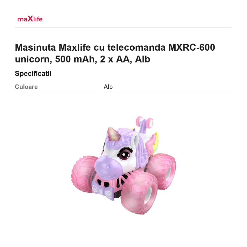 Masinuta Maxlife cu telecomanda MXRC-600 unicorn, 500 mAh, 2 x AA, Alb [3]
