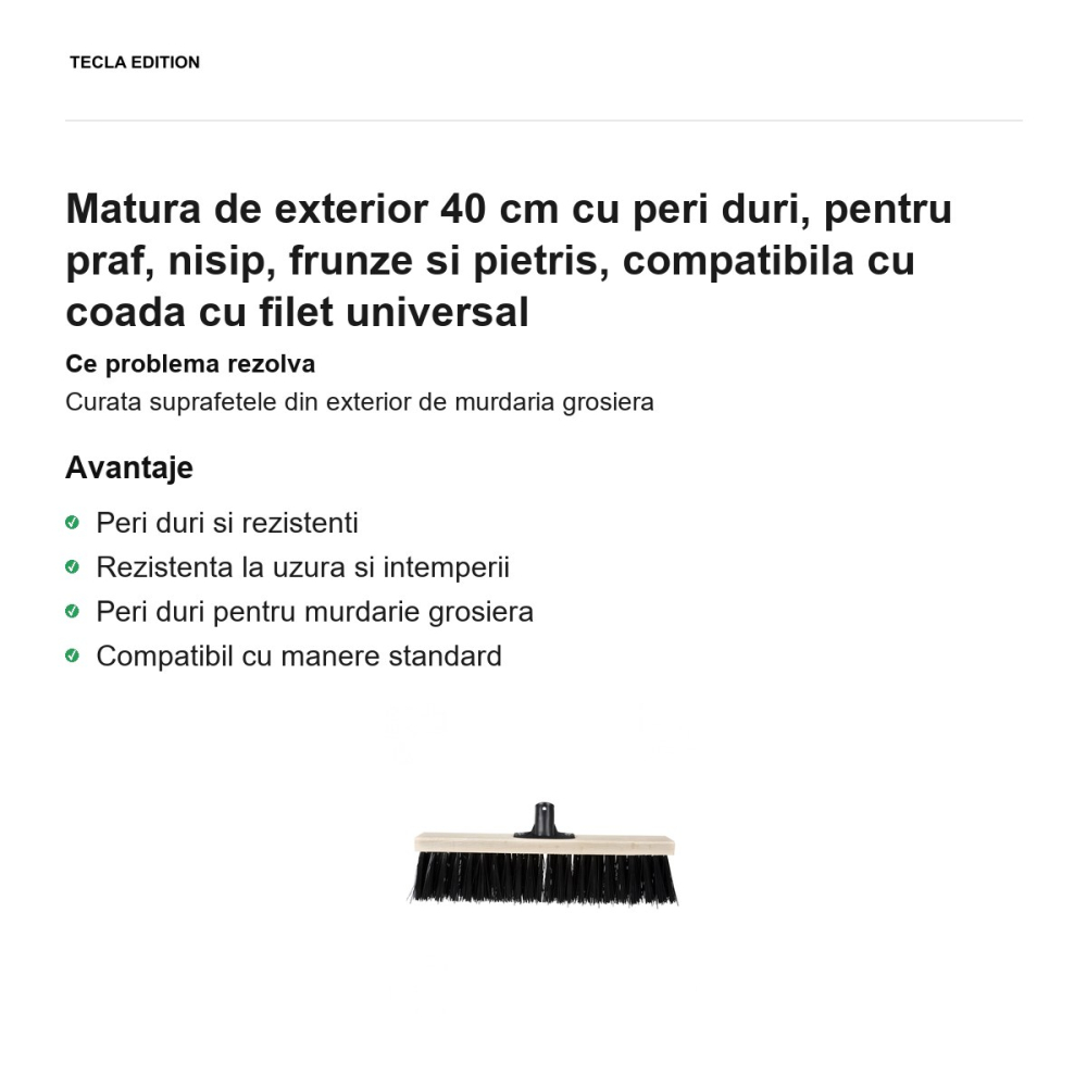 Matura de exterior 40 cm cu peri duri, pentru praf, nisip, frunze si pietris, compatibila cu coada cu filet universal [2]