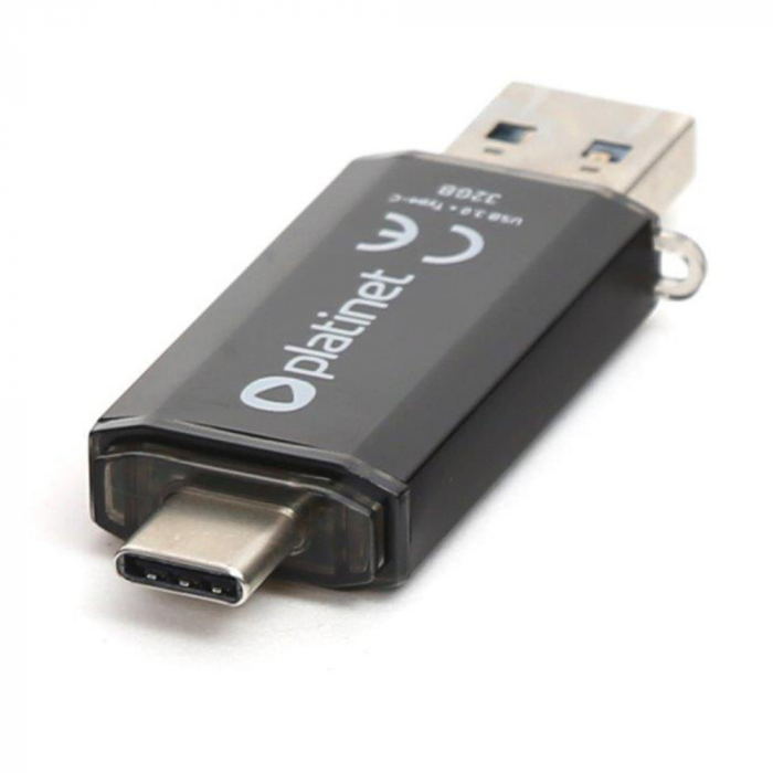 Memorie 32 Gb USB 3.0 si USB tip C, Platinet 45451, scriere 40 Mb/s, citire 100 Mb/s, cu capac, neagra [2]