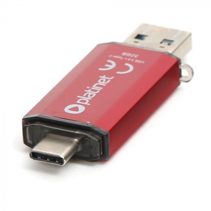 Memorie 32 Gb USB 3.0 si USB tip C , Platinet 45453, scriere 40 Mb/s, citire 100 Mb/s, cu capac, rosie [2]