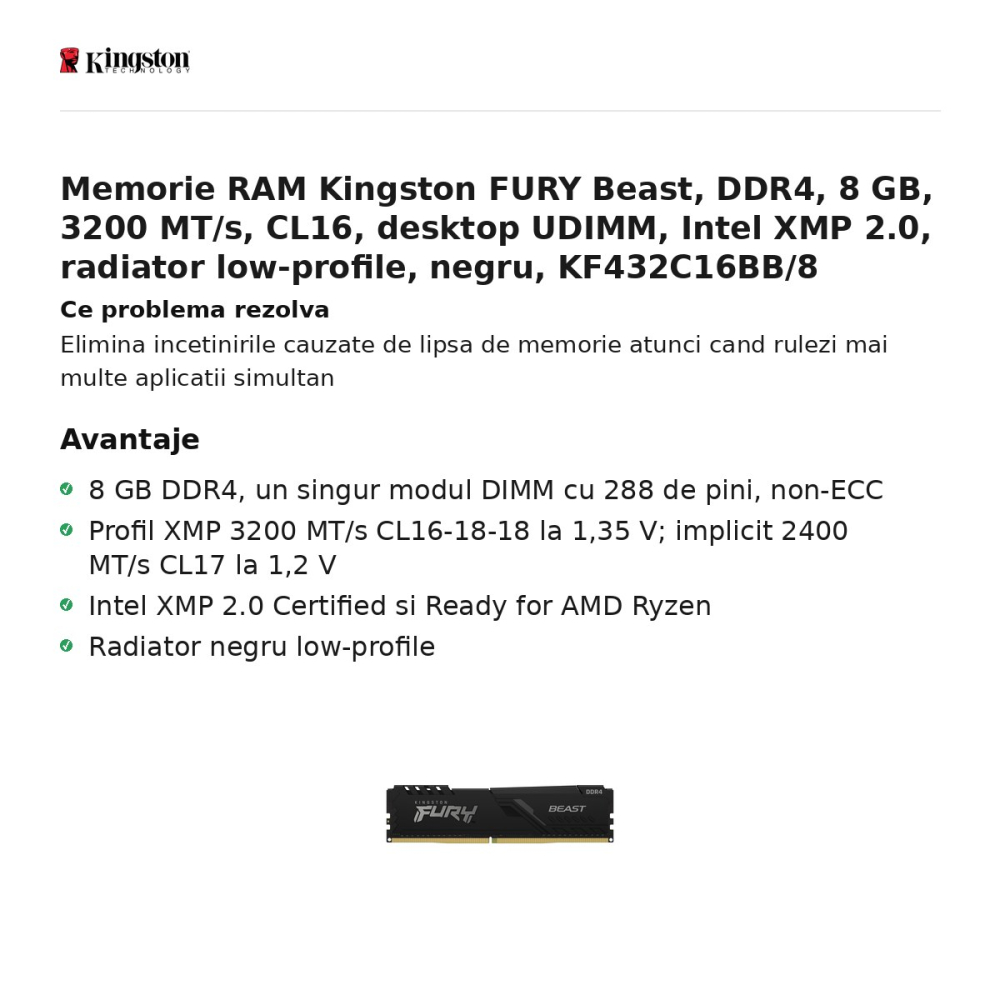 Memorie RAM Kingston FURY Beast, DDR4, 8 GB, 3200 MT/s, CL16, desktop UDIMM, Intel XMP 2.0, radiator low-profile, negru, KF432C16BB/8 [2]