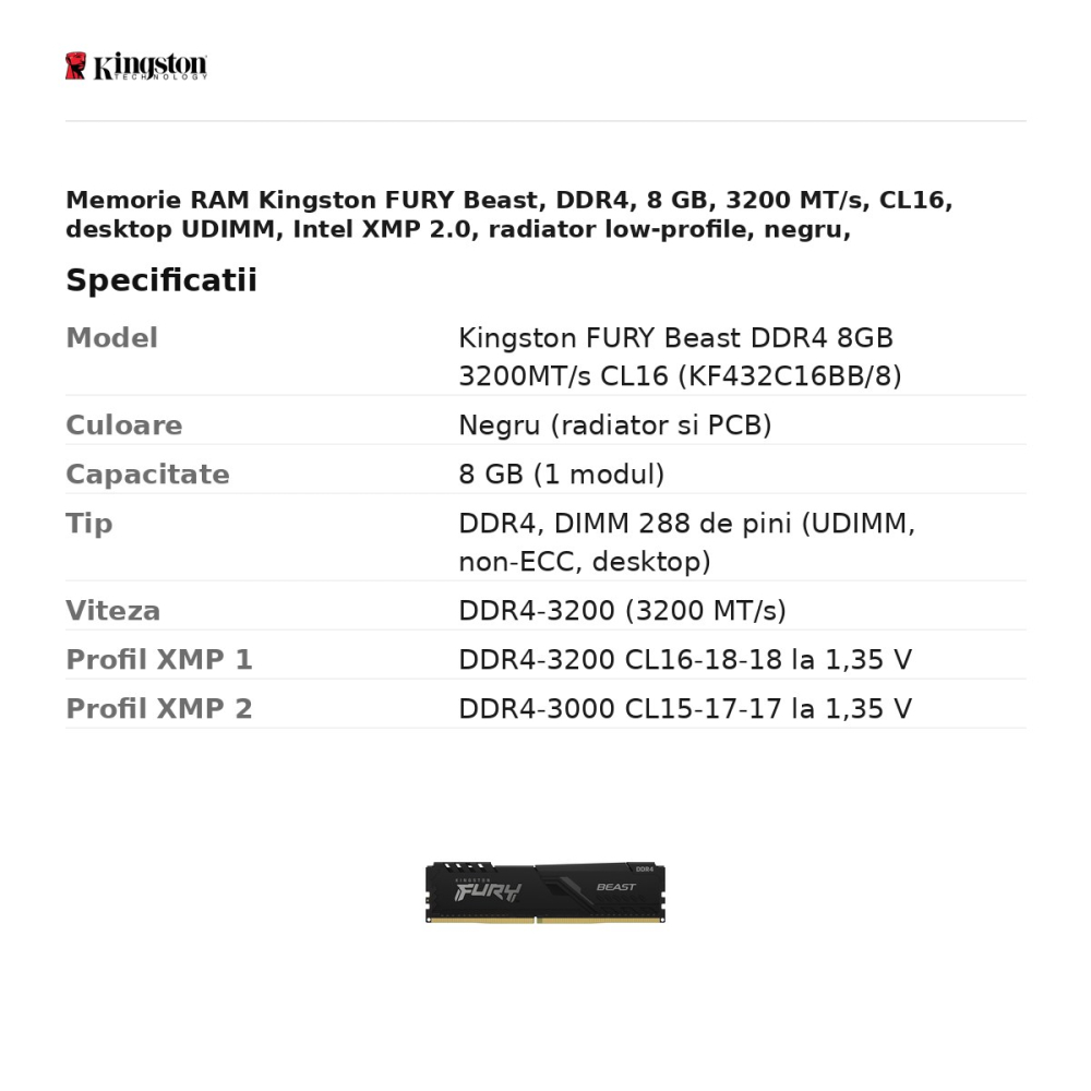 Memorie RAM Kingston FURY Beast, DDR4, 8 GB, 3200 MT/s, CL16, desktop UDIMM, Intel XMP 2.0, radiator low-profile, negru, KF432C16BB/8 [3]