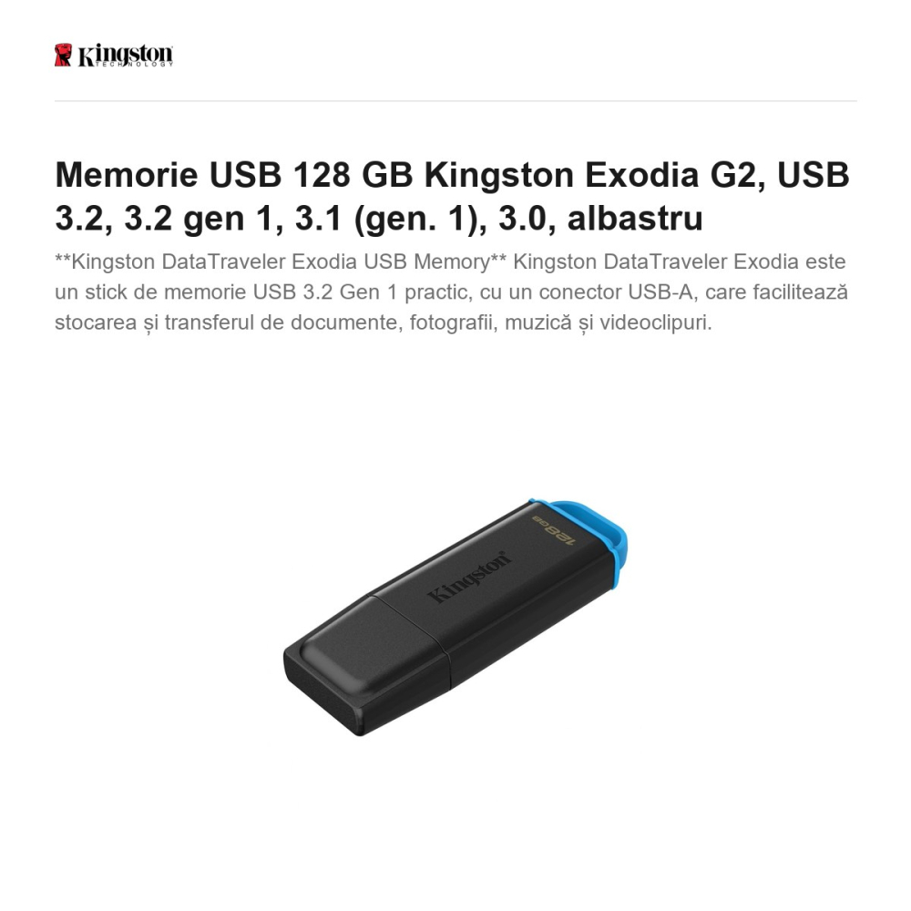 Memorie USB 128 GB Kingston Exodia G2, USB 3.2, 3.2 gen 1, 3.1 (gen. 1), 3.0, albastru [2]