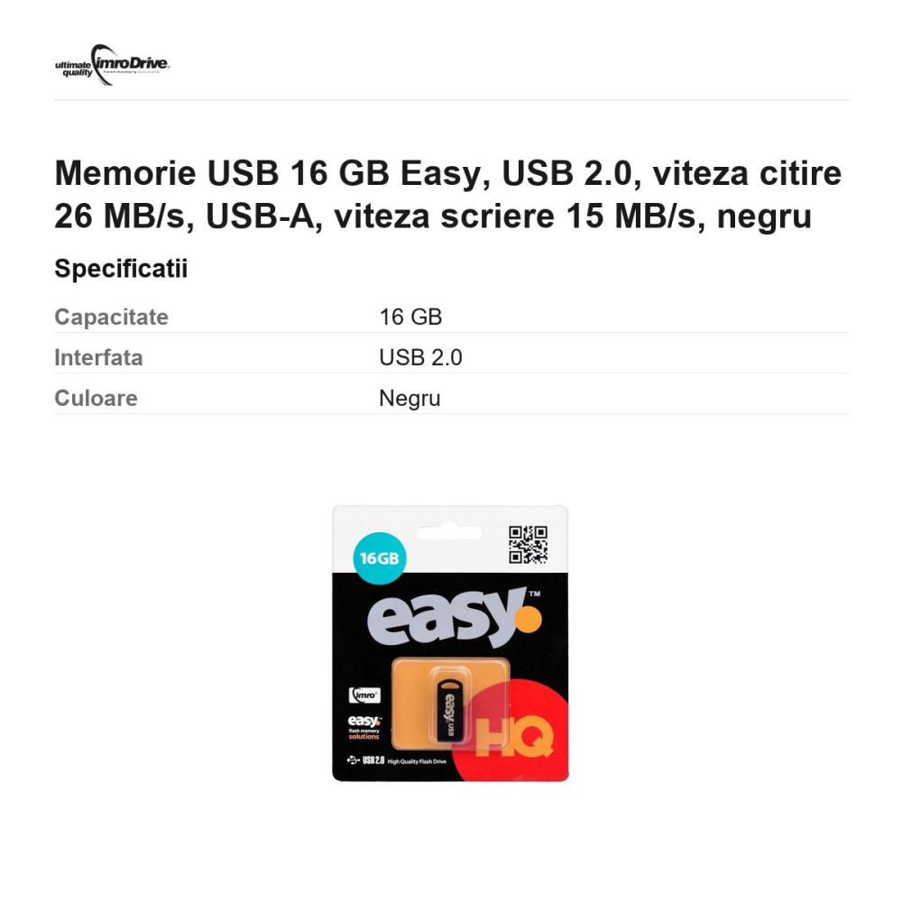 Memorie USB 16 GB Easy, USB 2.0, viteza citire 26 MB/s, USB-A, viteza scriere 15 MB/s, negru [3]