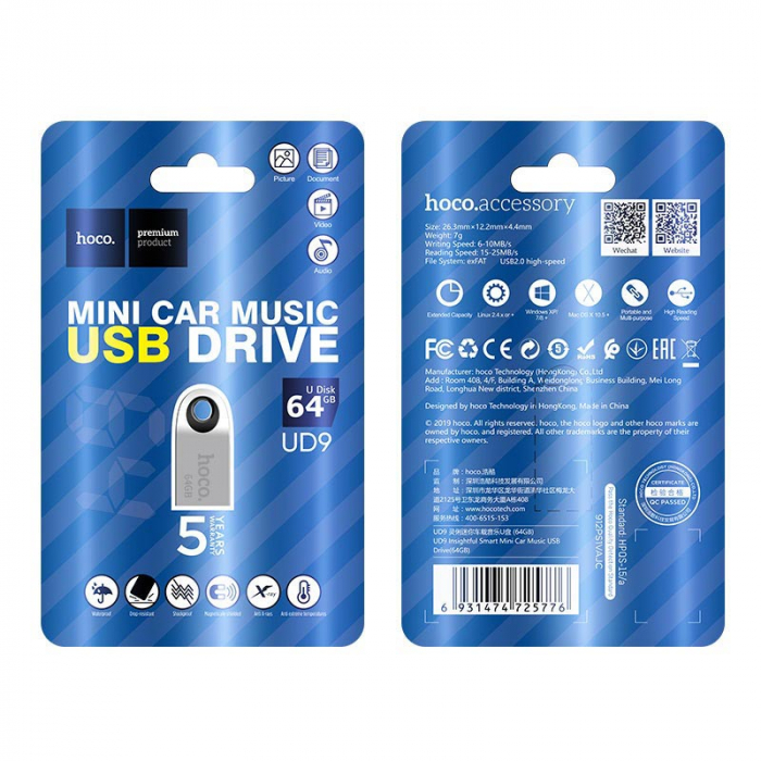 Memorie USB 2.0, capacitate 64 Gb, Hoco UD9, design mini, carcasa metal, gri [4]